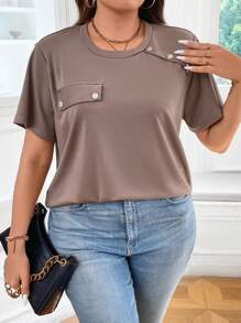 SHEIN LUNE Plus Flap Detail Button Detail Tee - Mocha Brown - View 4