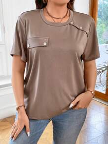 SHEIN LUNE Plus Flap Detail Button Detail Tee - Mocha Brown - View 5