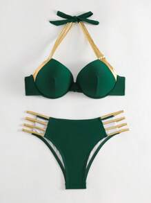 Ladder Cut-Out Push Up Bikini Set - Dark Green - View 5