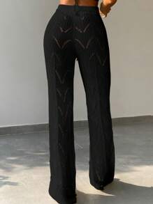 SHEIN Swim Vcay Summer Beach Solid Hollow Out Knitted Cover Up Pants - Black - View 3