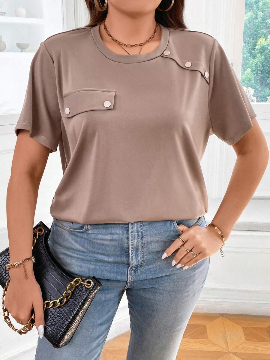SHEIN LUNE Plus Flap Detail Button Detail Tee - Mocha Brown - View 1