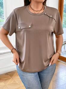 SHEIN LUNE Plus Flap Detail Button Detail Tee - Mocha Brown - View 3