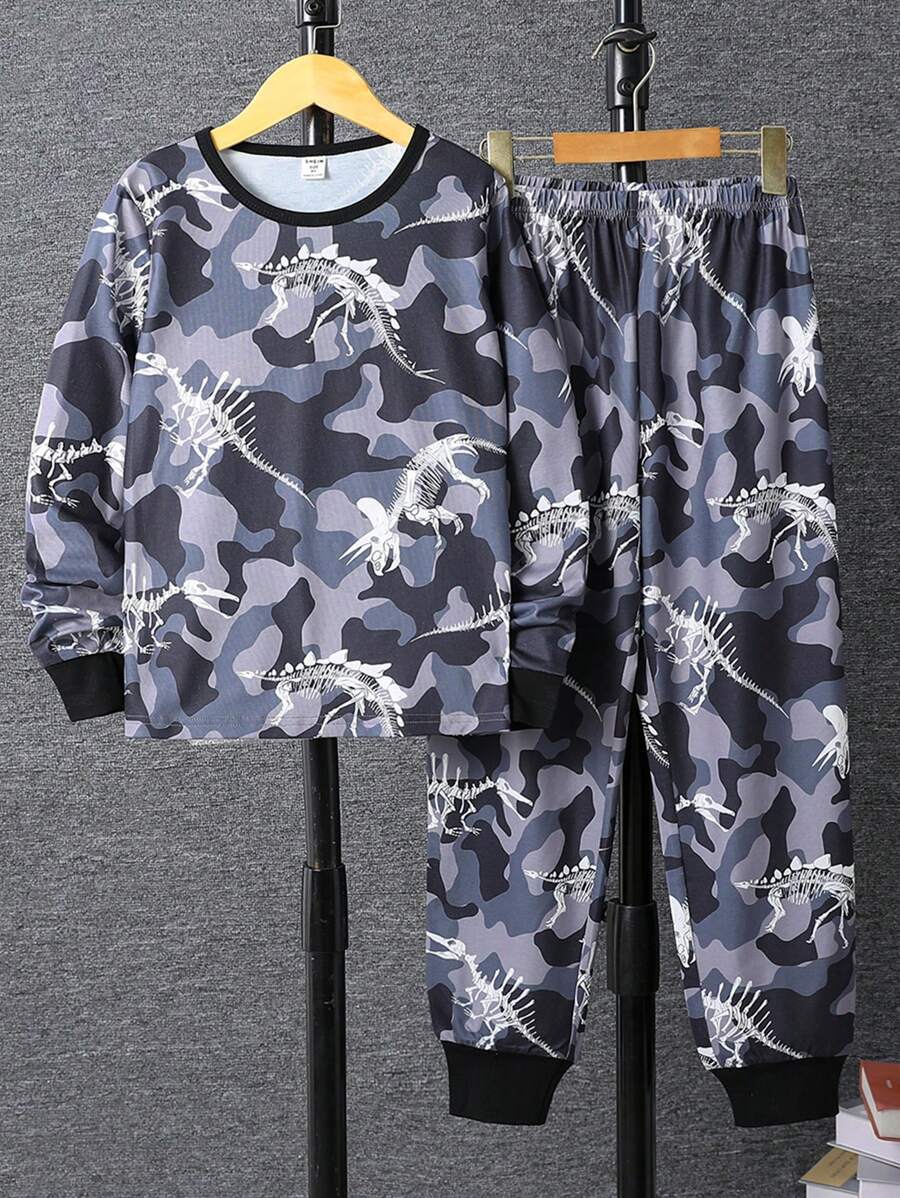 Chico preadolescente Conjunto de pijama dinosaurio estampado de esqueleto - Blanco y Negro - Ver 1