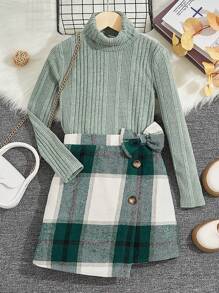 SHEIN 女大童高領T恤&格紋印花不對稱下擺半身裙 - 彩色 - 查看 1