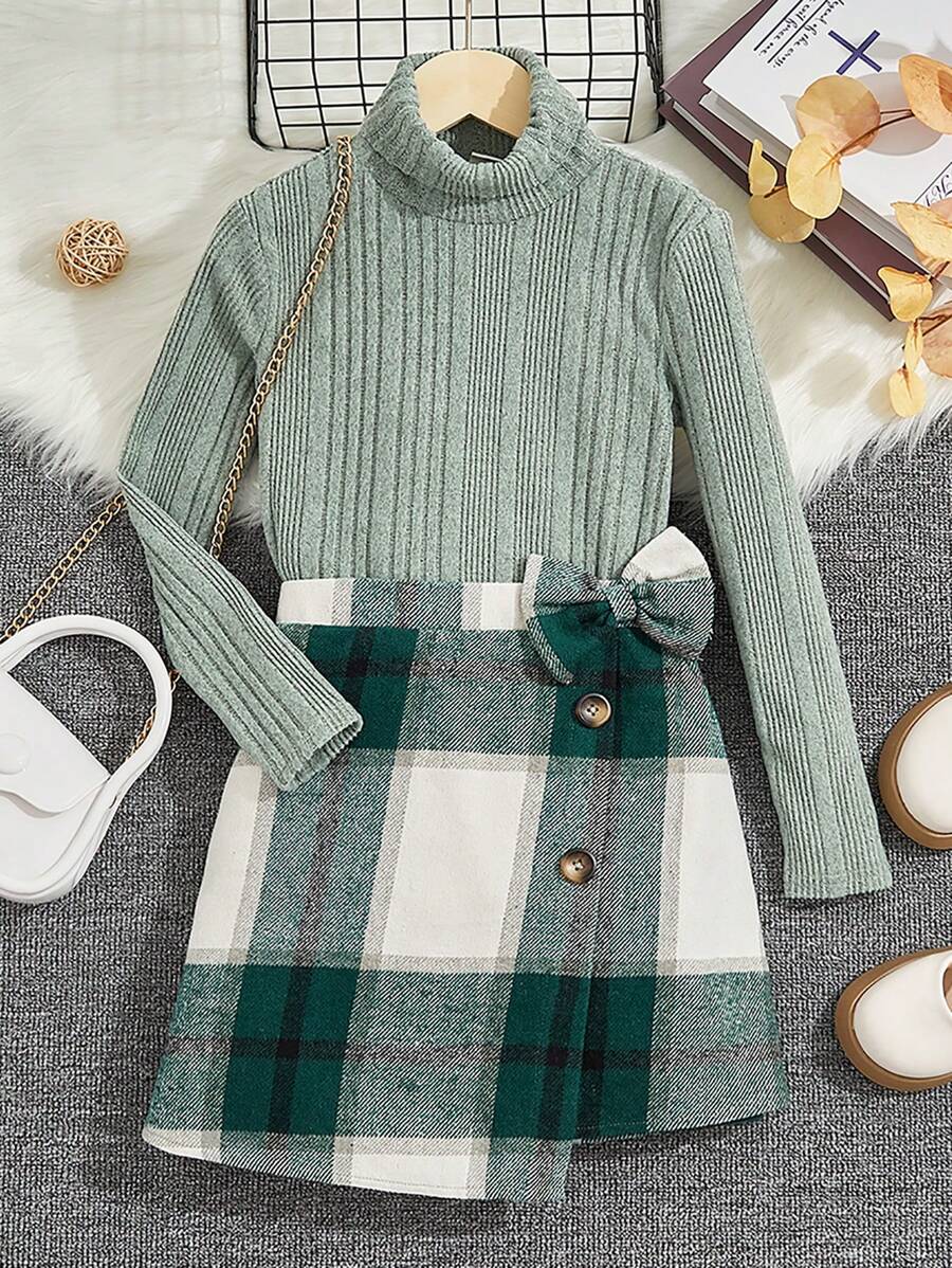 SHEIN 女大童高領T恤&格紋印花不對稱下擺半身裙 - 彩色 - 查看 1