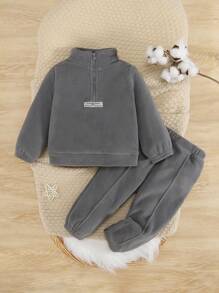 SHEIN Baby Boy Letter Patched Half Zip Thermal Sweatshirt & Sweatpants