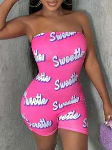 Slaydiva Allover Letter Graphic Tube Unitard Romper - Hot Pink - View 1