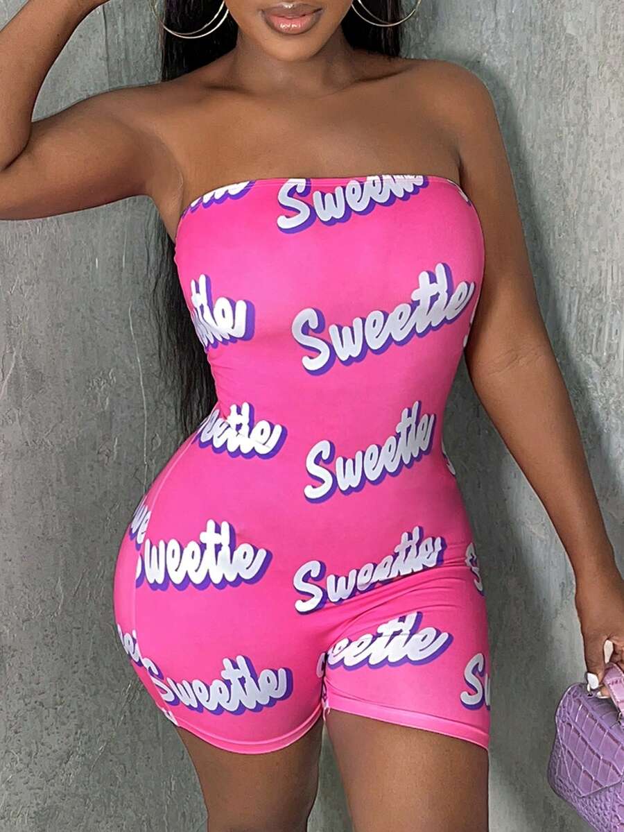 Slaydiva Allover Letter Graphic Tube Unitard Romper - Hot Pink - View 1