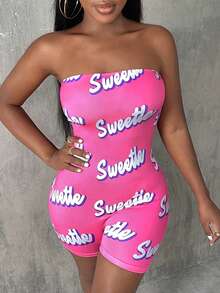 Slaydiva Allover Letter Graphic Tube Unitard Romper - Hot Pink - View 3