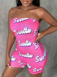 Slaydiva Allover Letter Graphic Tube Unitard Romper - Hot Pink - View 4