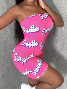 Slaydiva Allover Letter Graphic Tube Unitard Romper - Hot Pink - View 5