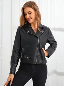 SHEIN Unity 休閒鈕扣 拉鍊純色女士夾克 - 黑色 - 查看 3