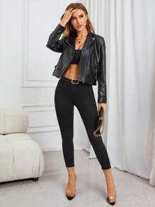 SHEIN Unity 休閒鈕扣 拉鍊純色女士夾克 - 黑色 - 查看 4