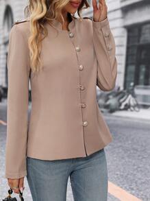SHEIN LUNE Chất rắn Nút phía trước áo - Màu Khaki - Xem 3
