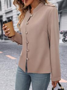 SHEIN LUNE Chất rắn Nút phía trước áo - Màu Khaki - Xem 5