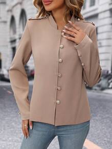 SHEIN LUNE Chất rắn Nút phía trước áo - Màu Khaki - Xem 6