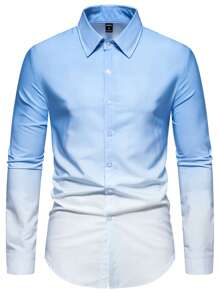 Manfinity Mode Men Ombre Button Up Long Sleeve Vacation Beach Shirt For Husband - Blue and White - View 1