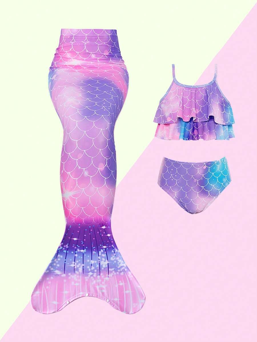 Chica preadolescente Set con estampado de escamas de pescado cola sirena - Morado - Ver 1