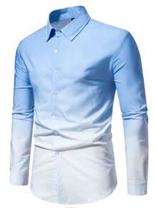 Manfinity Mode Men Ombre Button Up Long Sleeve Vacation Beach Shirt For Husband - Blue and White - View 6