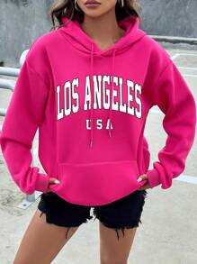 SHEIN EZwear Letter Graphic Kangaroo Pocket Drop Shoulder Drawstring Thermal Lined Hoodie - Hot Pink - View 1