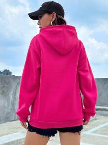 SHEIN EZwear Letter Graphic Kangaroo Pocket Drop Shoulder Drawstring Thermal Lined Hoodie - Hot Pink - View 2