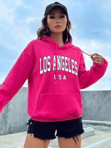SHEIN EZwear Letter Graphic Kangaroo Pocket Drop Shoulder Drawstring Thermal Lined Hoodie - Hot Pink - View 3