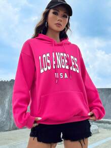 SHEIN EZwear Letter Graphic Kangaroo Pocket Drop Shoulder Drawstring Thermal Lined Hoodie - Hot Pink - View 4