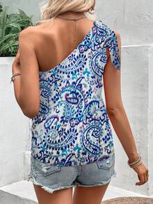 SHEIN Holidaya Paisley Print One Shoulder Blouse - Blue - View 2