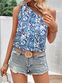 SHEIN Holidaya Paisley Print One Shoulder Blouse - Blue - View 4