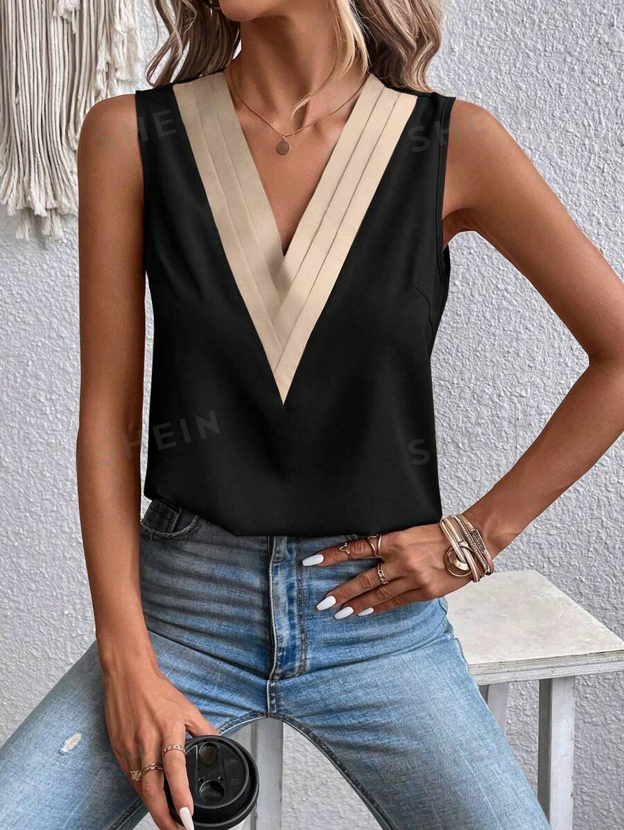 EMERY ROSE Ärmellose Bluse mit Farbblock, - Schwarz - Übersicht 1