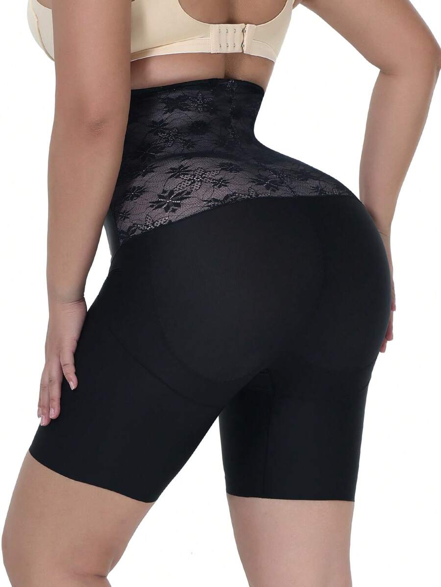 花卉蕾絲高腰塑形短褲 - 黑色 - 查看 1