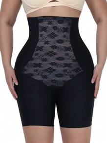 花卉蕾絲高腰塑形短褲 - 黑色 - 查看 4