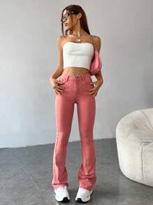 SHEIN EZwear Slant Pocket Flare Leg Jeans - Pink - View 4