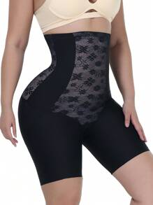 花卉蕾絲高腰塑形短褲 - 黑色 - 查看 5