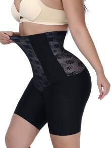 花卉蕾絲高腰塑形短褲 - 黑色 - 查看 6