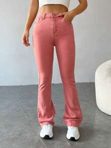 SHEIN EZwear Slant Pocket Flare Leg Jeans - Pink - View 3