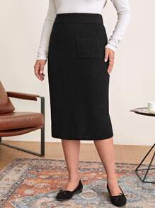 EMERY ROSE Plus High Waist Pocket Patched Knit Skirt - Black - View 3