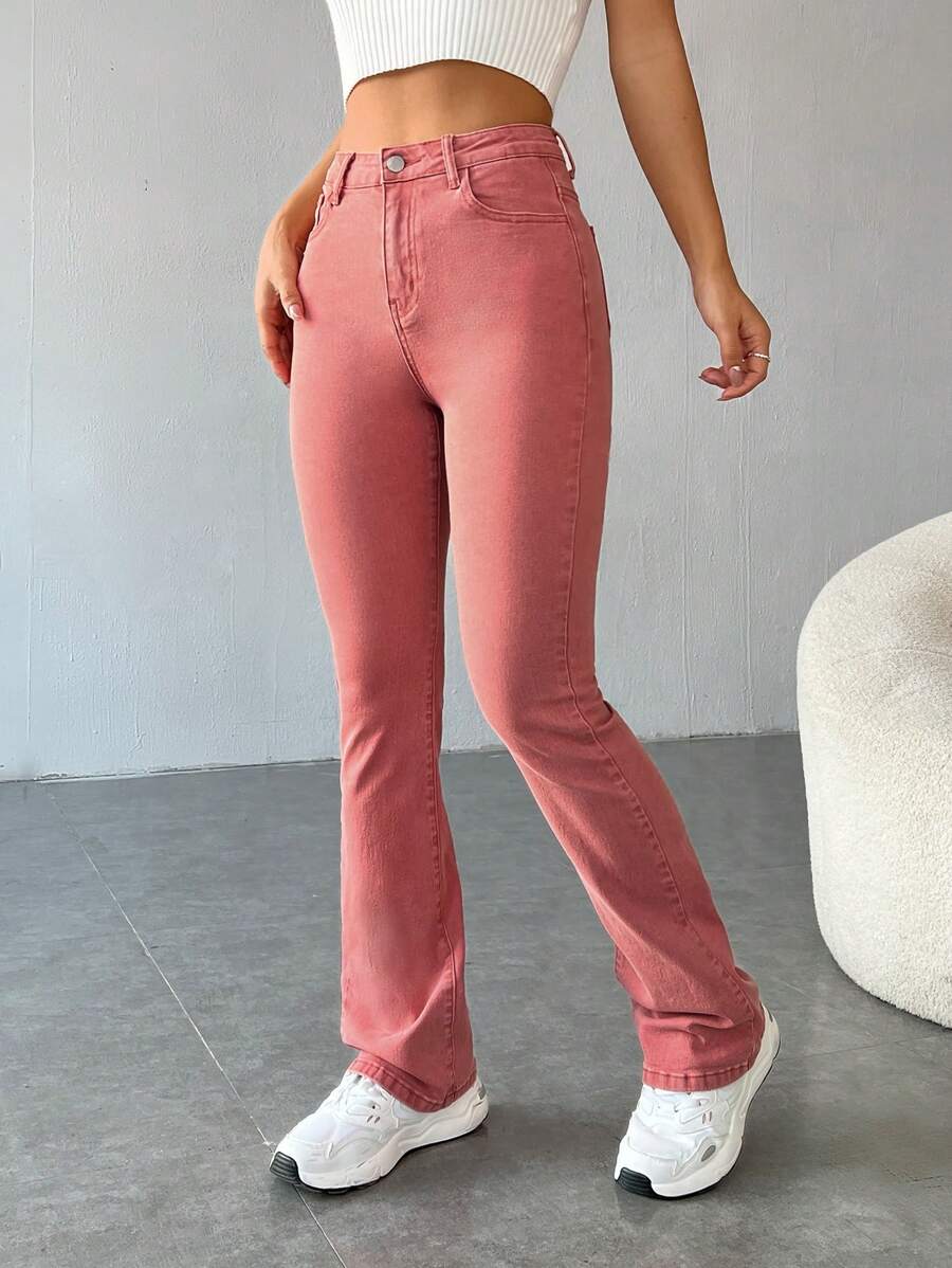 SHEIN EZwear Slant Pocket Flare Leg Jeans - Pink - View 1