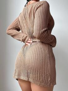 SHEIN Swim Hollow Out Tie Front Kimono - Brown - View 2