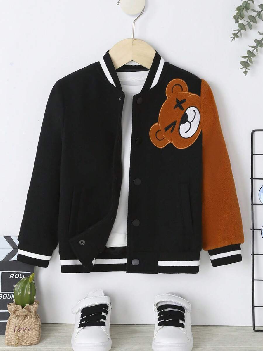 SHEIN Young Boy Bear Patched Bomber Jacket - Black - View 1