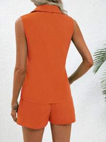 SHEIN Essnce Solid Button Front Sleeveless Blouse & Shorts - Orange - View 2