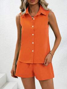 SHEIN Essnce Solid Button Front Sleeveless Blouse & Shorts - Orange - View 5