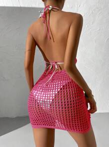 鏤空後背繫帶繞頸罩衫連衣裙不附比基尼 - 玫紅色 - 查看 2