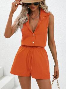SHEIN Essnce Solid Button Front Sleeveless Blouse & Shorts - Orange - View 6