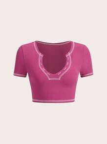 SHEIN ICON Plus Top-stitching Notched Neck Crop Tee - Hot Pink - View 1