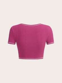 SHEIN ICON Plus Top-stitching Notched Neck Crop Tee - Hot Pink - View 2