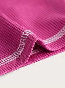 SHEIN ICON Plus Top-stitching Notched Neck Crop Tee - Hot Pink - View 3