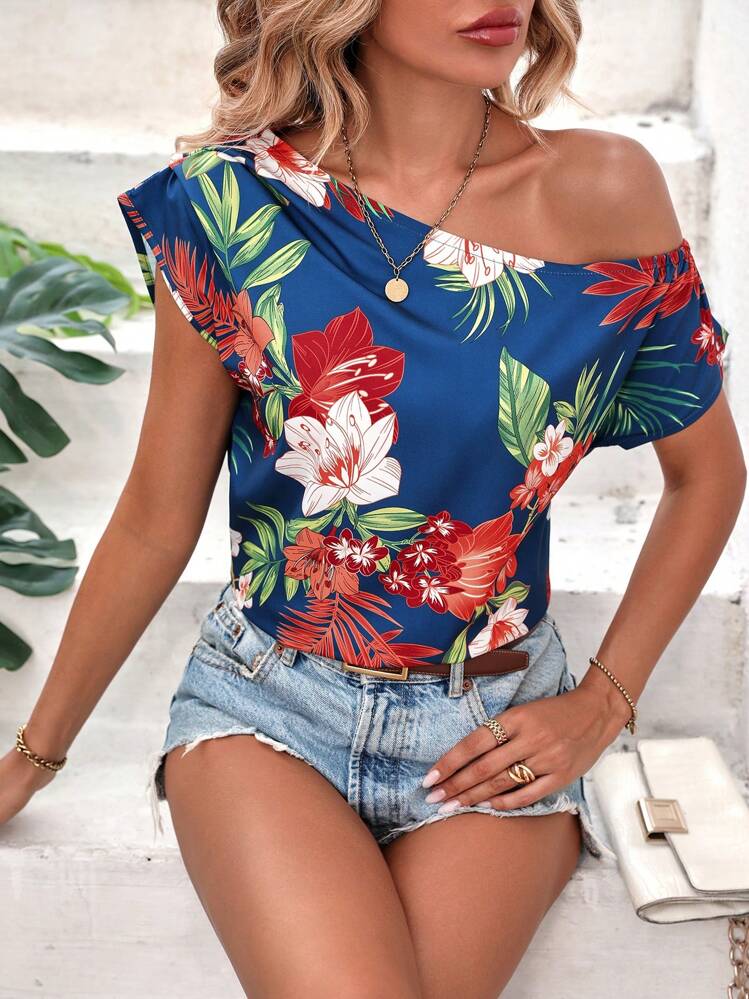 SHEIN LUNE Tropical Print Asymmetrical Neck Batwing Sleeve Blouse - Navy Blue - View 6