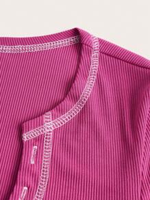 SHEIN ICON Plus Top-stitching Notched Neck Crop Tee - Hot Pink - View 4