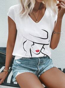 SHEIN LUNE Đồ họa Hình tay cánh Áo thun - trắng - Xem 5